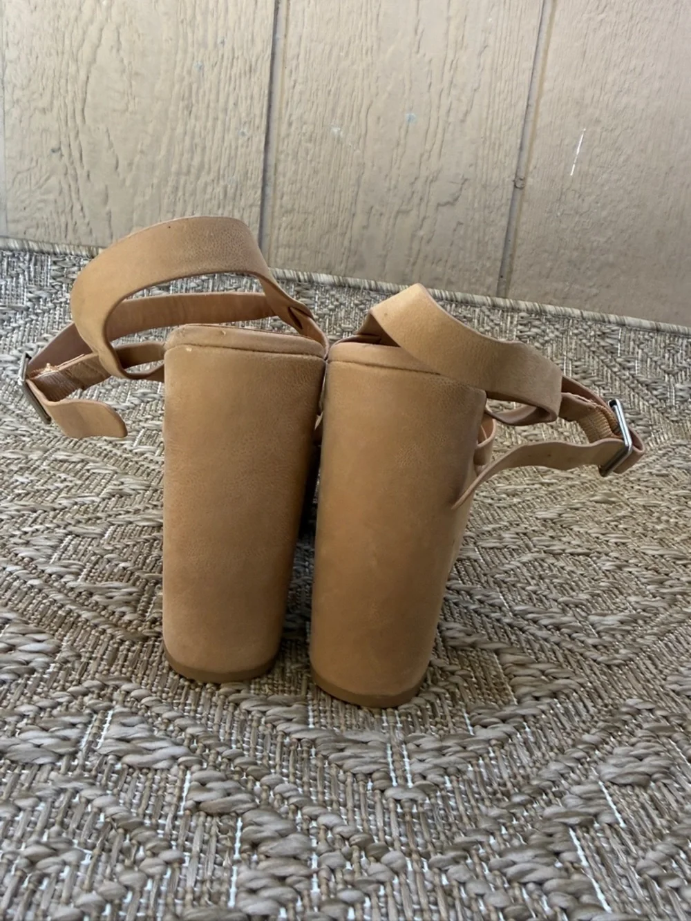 Bamboo Beige Buckle Block Sandals for Women Faux Suede Strappy (Size 6) Nude
